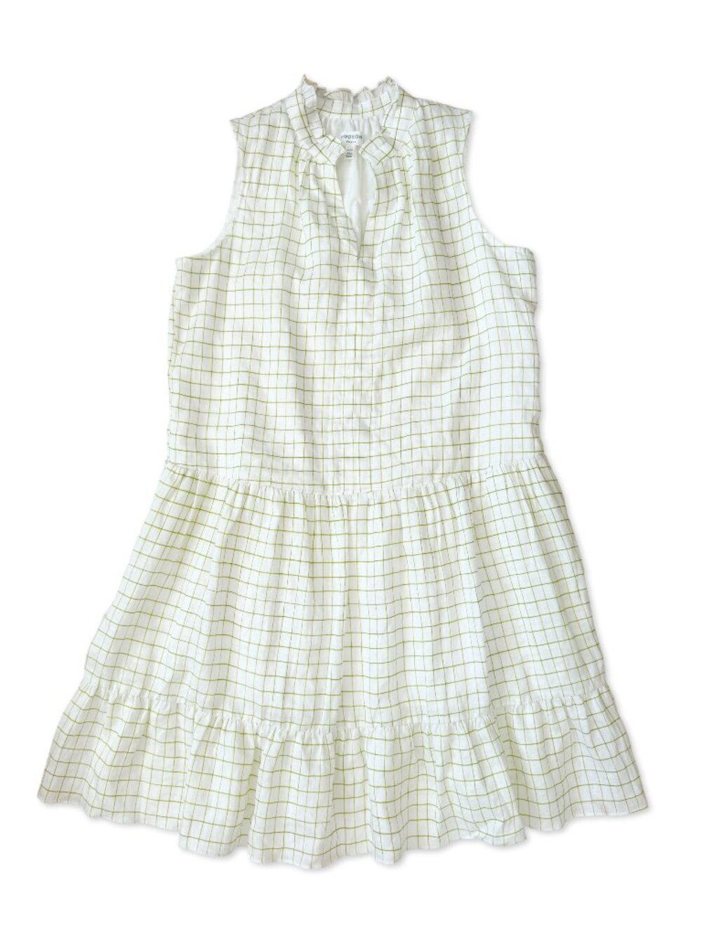 Hudson North Linen Sleeveless Ruffle Grid Print Tiered Summer Dress White Green